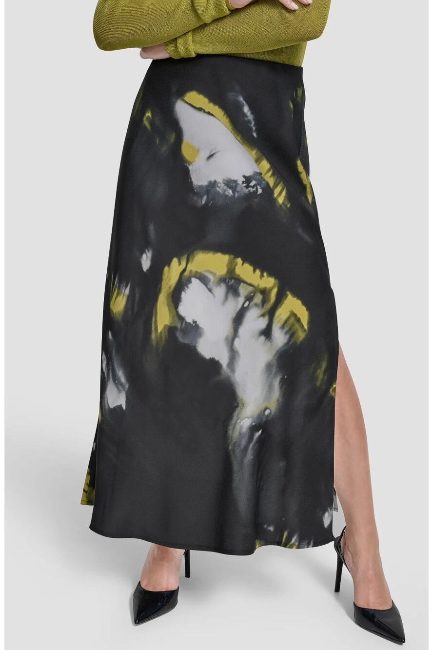 Dkny Bias Cut Maxi Skirt Womens 6 Black Abstract Print Side Slit Night Out NWT